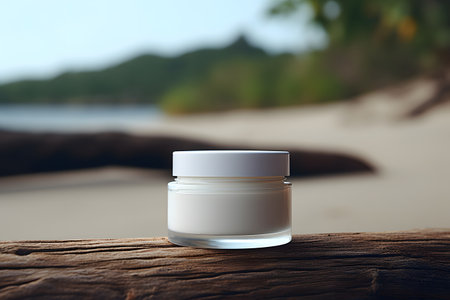 White cosmetic cream jar mockup on the wooden natural podium on the blurred background of the sea beachの素材