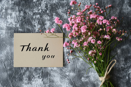 The word thank you on a card and a bouquet of wild pink flowers, top viewの素材