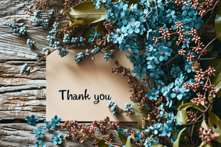 The word thank you on a card and a bouquet of wild flowers, top viewの素材