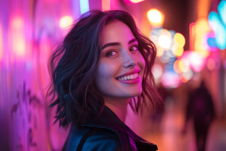 A smiling brunette woman in the evening city illuminated by neon lightの素材