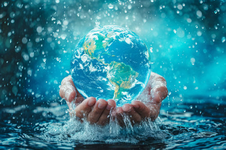 Hands take the Earth out of the water, World water day conceptの素材