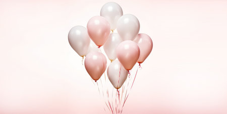Balloons in the center of light pink background, the concept of a holiday, party, sales, opening ceremoniesの素材