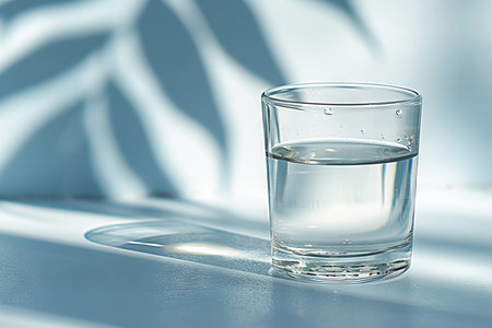 A glass of clean water on a white table and a shadow from a home plantの素材