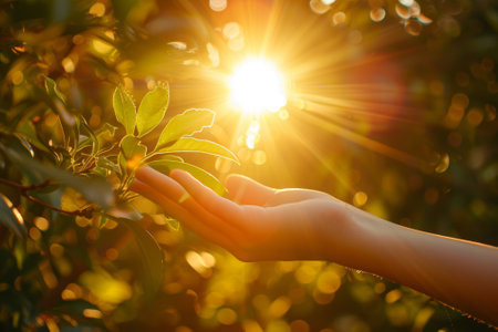 A hand touching a young sprout in the sun, concept of earth day and planet ecologyの素材