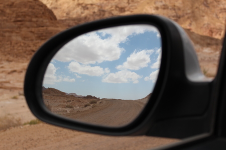 Desert in the car mirror in Timna national park, Israelの写真素材