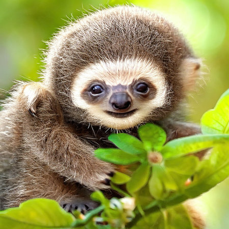 Portrait of a baby sloth hanging on a tree in Costa Ricaの素材