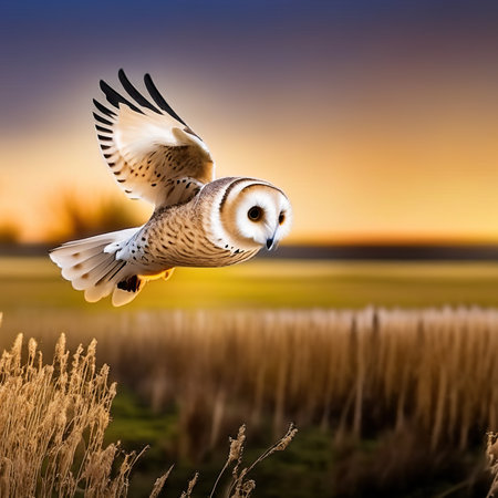 Barn Owl (Tyto alba) in flight at sunset.の素材