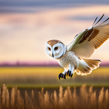 Portrait of a barn owl (Strix aluco) in flight at sunsetの素材
