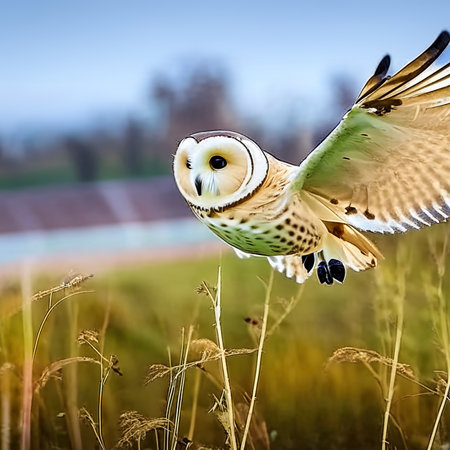 Barn Owl (Tyto alba) in flight over a meadowの素材