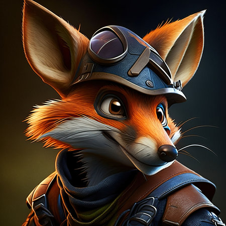 Portrait of a fox in aviator helmet on a dark background.の素材