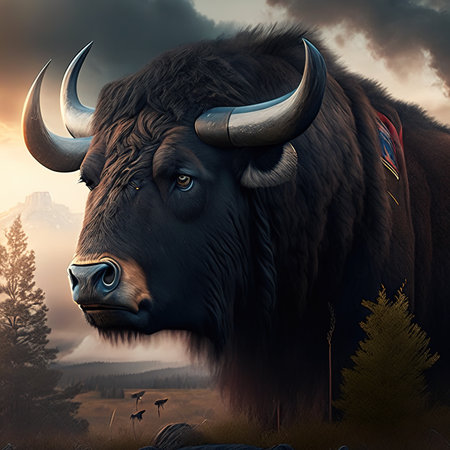 Bison in the forest at sunset. 3D illustration. Digital painting.の素材