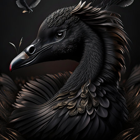 3D rendering of a black swan on a dark background.の素材