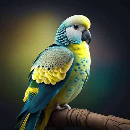 Blue and yellow parrot sitting on a branch. 3D renderingの素材