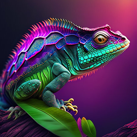 Colorful chameleon on colorful background. 3d illustration.の素材
