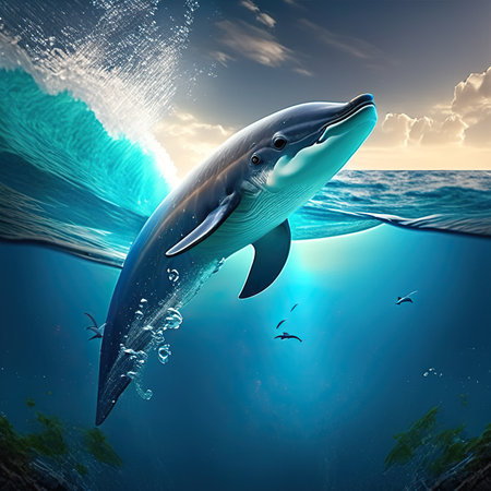 Whale swimming in the ocean. Underwater world. 3d renderの素材