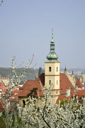 Blooming trees in Petrin Hill, Church of Our Lady Victorious and The Infant Jesus of Pragueのeditorial素材