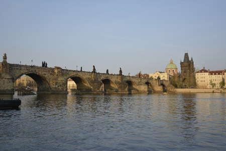 Prague, Czech Republic. April, 02, 2014. Charles Bridge over Vltava river in Prague in sunsetのeditorial素材
