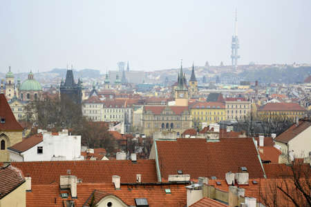 Prague, Czech Republic. March, 31, 2014. Prague old town view from rooftop to Zizkov TV towerのeditorial素材