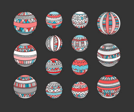 Set of Red and Blue Xmax toys decorated variously ornated stylized balls. Outline kit of hang christmas ball. Graphic decor black isolated contours on white background. Simple xmas tree decor symbol isolated vector Illustration on dark backgroundのイラスト素材