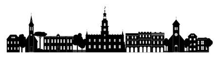 Small Town silhouette cutout skyline with chapel houses trees black and whiteのイラスト素材