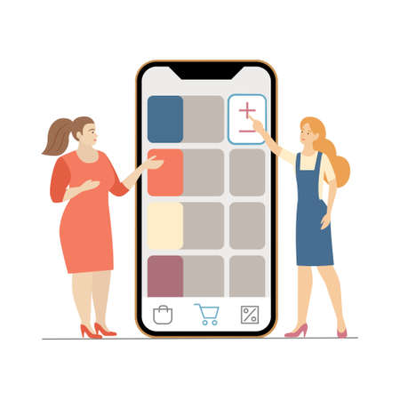 Women shop online on website or mobile application. Digital marketing purchaising and payment vector conceptのイラスト素材