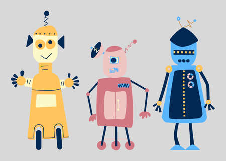Funny friendly robots. Cute retro cartoon toy humanoids with programmed intelligence isolated on grey background . Vector illustrationのイラスト素材