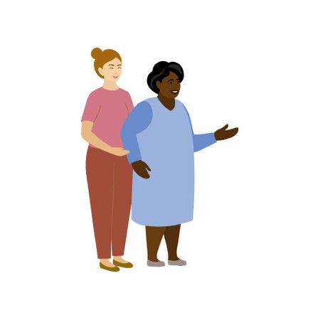 Young and old women stand together smiling. Aged parent support, help and care for grandmother. Concept vector illustrationのイラスト素材