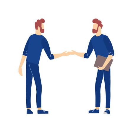 Two male standing together handshaking. Greeting gesture or successful negotiations confirmation, agreement achieved, congratulations or collaboration in business people environment.のイラスト素材