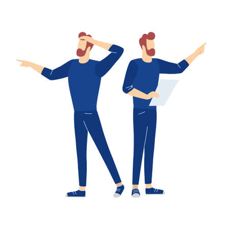 Man character standing and pointing his finger in different directions and looking out.のイラスト素材