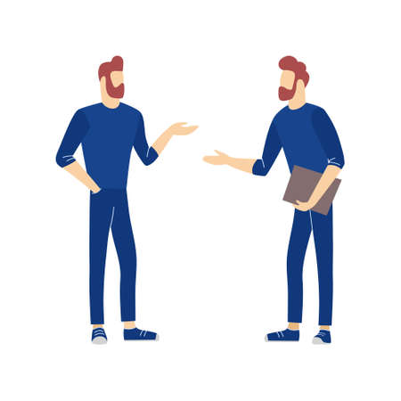 Business people conversation. Two men standing together and talking, discussing, negotiating. Vector illustration.のイラスト素材