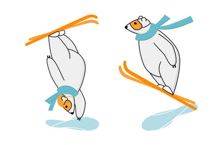 Polar bear freestyle skiing. Funny mascot ski jumping and ski freestyle over the springboardのイラスト素材