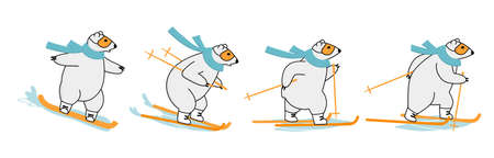 Polar bear snowboarding, racing and cross-country skiing. Outside winter sport mascot concept.のイラスト素材