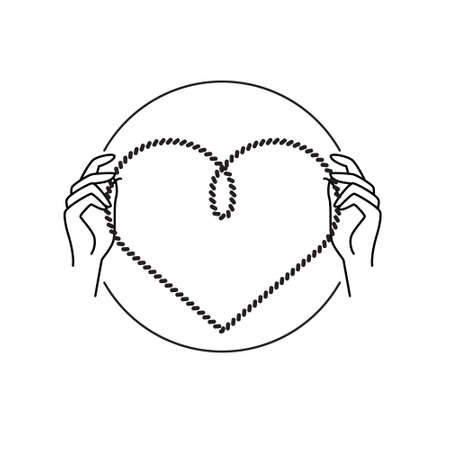Hands holding rope heart in circle linear illustrationのイラスト素材