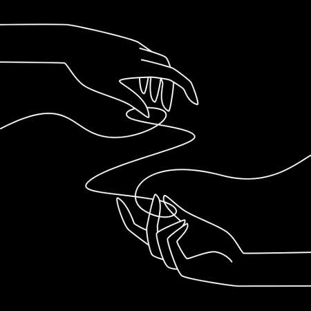 Hands holding rope. White on black line illustrationのイラスト素材