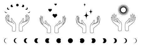 Feminine hands with moons, stars, hearts and sun as symbol of beauty, care, magic, meditation, charity, faith, hope.のイラスト素材