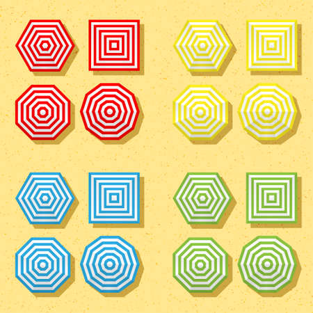 Sun protection striped umbrellas top view set for safe sunbathing. Shadow shield of gingham tents.のイラスト素材