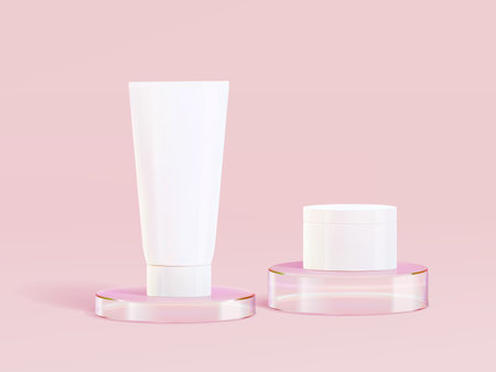 3d glass podium. Beauty product display cosmetic minimal scene. Vector cosmetic promotion stage.のイラスト素材