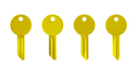 3d golden keys vector mockup set. Realistic metal latchkeys as symbols of security, safety, property ownership and open access.のイラスト素材