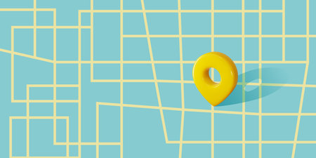 Locator mark on city map shows destination, address, geo position, gps coordinates. 3d pin icon placed on street crossroads as direction point.のイラスト素材
