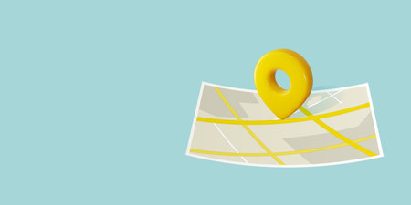 Locator mark on paper city map shows destination, address, geo position, gps coordinates. 3d pin icon placed on street crossroads as direction point.のイラスト素材