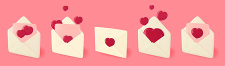 Love letter mail as Valentine or Mother day gift or greeting. 3d red heart card in open paper envelope. Happy birthday present or wedding invitation email icon. Animation template on white backgroundのイラスト素材