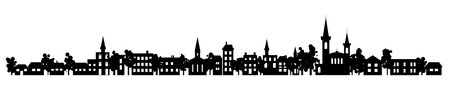 Old historic town silhouette skyline. Vector abstact flat row of houses, churches, buildings with trees, parks and gardens heigbourhood. Rural countryside architecture.のイラスト素材