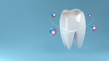 Strong tooth with calcium, d3 vitamin complex, fliorine, phosphorus, magnesium, mineral supplement. Healthy dental and bones nutrition from food, pills, medicine, or treatment care.のイラスト素材