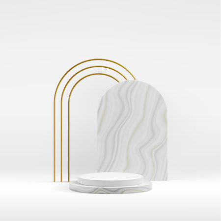 White podium with luxury golden thin wired and marble arches as elegant product demonstration stageのイラスト素材