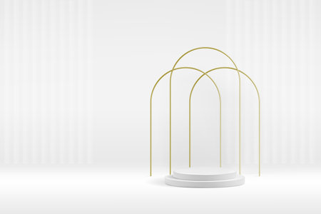 White product podium background with tripple golden arch. Premium abstract light vector beauty exhibition.のイラスト素材