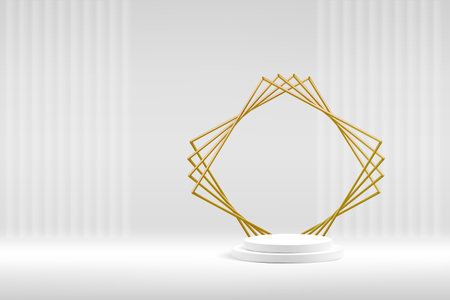 White podium studio scene with elegant light rays. Golden geometric frame of thin wires form star shape stage background.のイラスト素材
