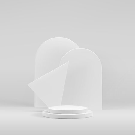 White podium 3d background for product display. Minimal round stairs stage and geometric arch shapes.のイラスト素材