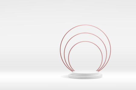 White product platform, round podium stage with thin wired metallic circles. Vector luxury presentation for cosmetics or prizeのイラスト素材