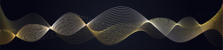 3d wavy gold lines swoosh on dark background. Luxury beauty thin curves, swirl as stream flow...