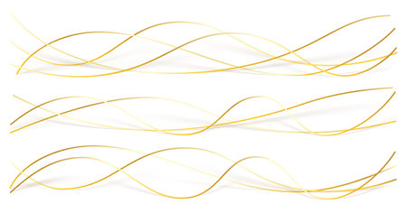 3d wavy gold lines swoosh on white background. Luxury beauty thin curves, swirl as stream flow pattern. Soft geometric shapes as silk fiber or fablic shiny decoration.のイラスト素材